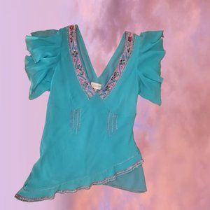 Karen Millen Silk & Sequins Asymmetrical Turquoise Top Size 6